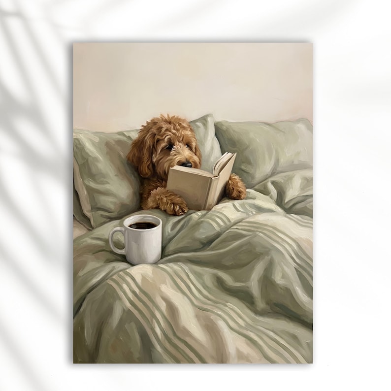 May include: A digital illustration of a fluffy golden-brown dog sitting upright in a bed with sage green bedding. The dog is holding an open book with its paws, and a white ceramic mug filled with a dark beverage sits on the rumpled duvet cover.