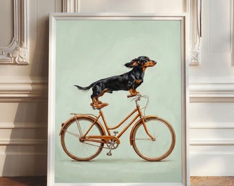 Black and tan Dachshund on Vintage Bicycle Poster, Black Wiener Dog Poster, Sage Green Wall Art, Short haired Dachshund Gifts, Oil Painting