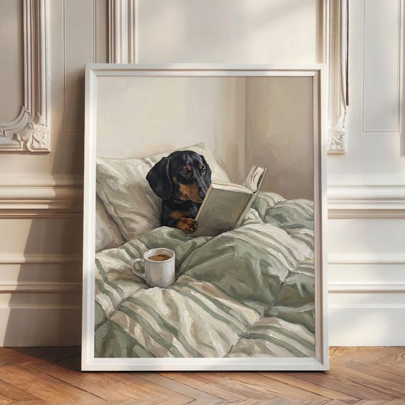 Schwarz roter Kurzhaardackel im Schlafzimmer, Dackel Poster, Dackel Bild, Schlafzimmer Bilder, Ölgemälde, Dackel Geschenke, Bild salbeigrün