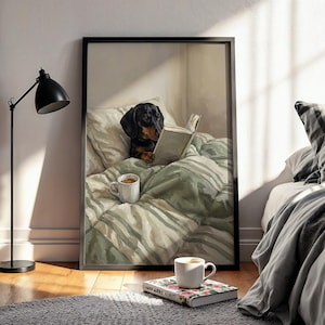 Svart och röd korthårig tax i sovrummet, taxposter, taxbild, sovrumsbilder, oljemålning, taxpresenter, salviagrön bild bild 2
