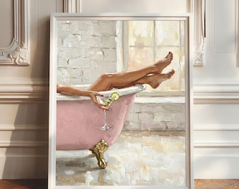 Martini Poster with Woman in pink Bathtub, feminine Wall Art, Vintage Martini Glass Art, dopamine Wall Art, Bathroom Decor, Oil Painting png