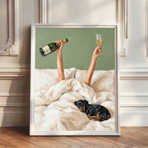 Black and tan dachshund poster, woman in bed with champagne, sage green wall art, feminine bedroom wall decor, dachshund gifts, Oil Painting