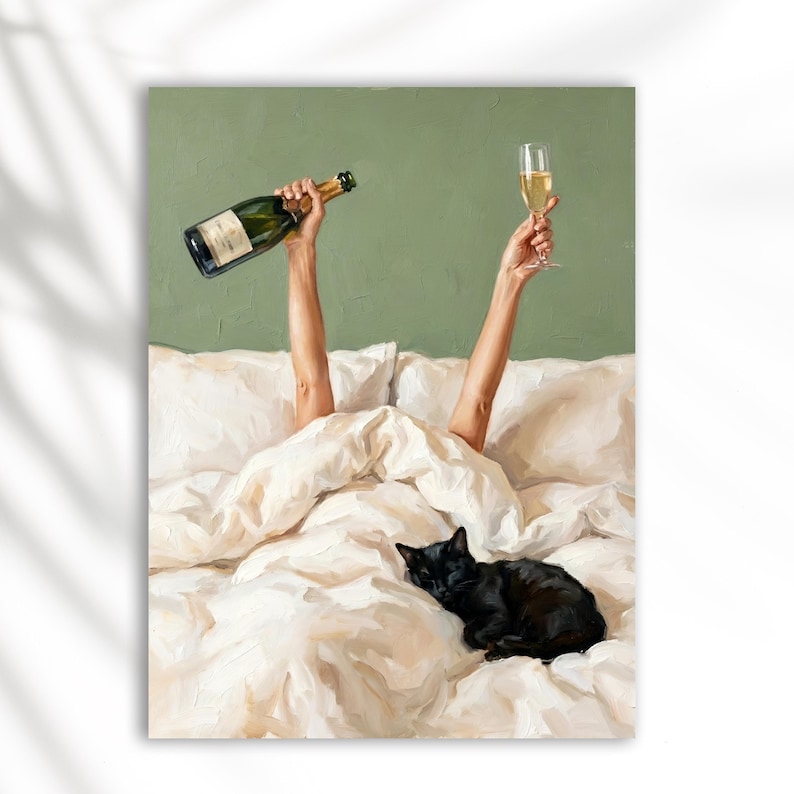 May include: An oil painting depicting two arms raised from beneath white bed sheets, one hand holding a green glass champagne bottle and the other a clear flute filled with golden liquid. A black cat rests on the rumpled white bedding below.