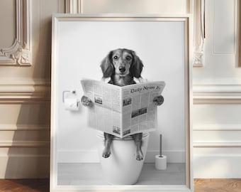 Langhaar Dackel auf Toilette mit Zeitung, Dackel Poster, Gäste WC Bilder, Badezimmer Poster, Dackel Geschenke, Dackel Bild Schwarz Weiß