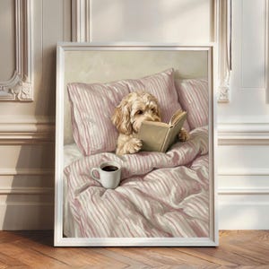 Cockapoo with Book in Pink Bedroom Art, Cockapoo Wall Art, Cozy Bedroom Wall Art,  Cockapoo Art, Cockapoo Gifts, Book Prints, Coffee Prints