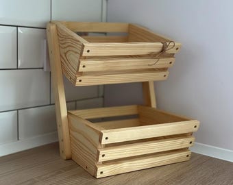 Two Tier Wooden Storage Basket - Rustic Kitchen Organizer - Countertop Fruit and Vegetable Stand