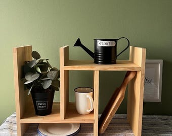 Wooden Countertop Shelf Organizer, Kitchen Spice Rack, Desktop Bookshelf