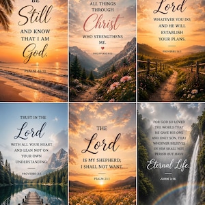 May include: A set of six vertical wall art prints featuring scenic landscapes including a beach, mountains, a path, a lake with a dock, a flower field, and a waterfall. Each print displays a unique Bible verse in elegant black and script typography.
