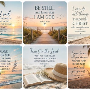 May include: A set of six square wall art prints featuring coastal beach scenes and inspirational Bible verses. Each print displays unique imagery including palm trees, a wooden boardwalk, a vintage van, a straw hat with an open book, and a hammock.