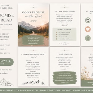 May include: A six-page mini booklet titled God's Promise on the Road, featuring inspirational text, prayers, and reminders for drivers. The pages include mountain landscape imagery, floral illustrations, and sage green accents on a light background.
