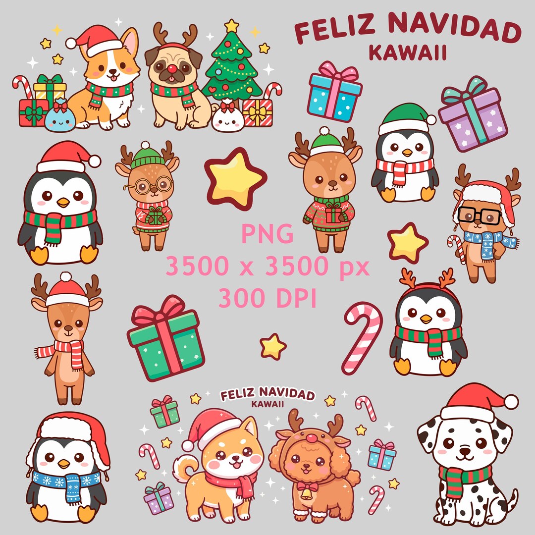 Kawaii Christmas Clipart Pack / Santa Reindeer With Gifts PNG ...