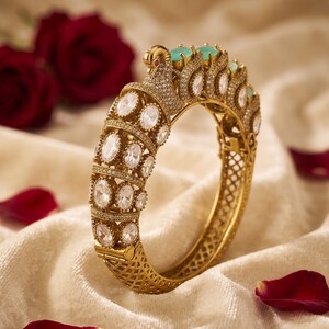 Polki Peacock Bangle | Mint Green Stone Kada | Gold Plated Bridal Bracelet