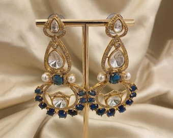 Kundan Polki Chandbali Earrings with Pearl Drops | Indian Bridal Statement Wedding Jewelry
