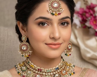 Multicolor Polki Kundan Bridal Choker Necklace Set with Earrings, Indian Wedding Jewelry