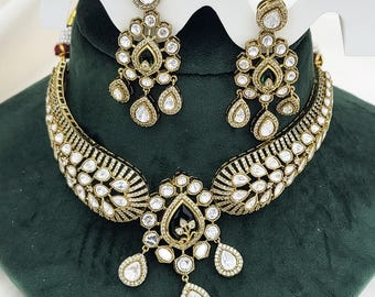 Victorian Polki Kundan Choker Necklace Set, Green Stone Bridal Jewelry