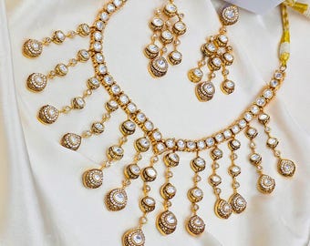 Statement Polki Kundan Necklace Set, Indian Bridal Jewelry, Gold-Tone Uncut Stones