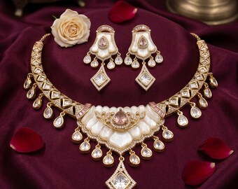 Kundan Polki Necklace Set | Pink Indian Bridal Jewelry, Statement Earrings