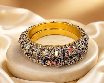 Conjunto de brazaletes de cristal multicolor hechos a mano / Brazalete Kada étnico bohemio / Joyería festiva india - 2.6