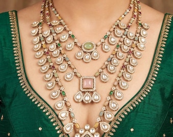 Royal Meher Polki Multicolor Layered Necklace Set, Bridal Indian Jewelry, Festive Wear