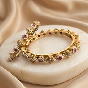 Gold Plated Kundan Bangles with Ruby and Pearl, Indian Bridal Jewelry
