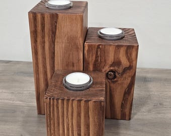 Rustic Wood Tealight Candle Holder Set - Farmhouse Home Decor