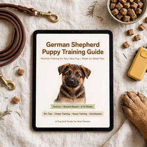 Puede incluir: Una tableta que muestra una guía de adiestramiento para cachorros de pastor alemán, una correa de cuero marrón con herrajes de latón, un clicker amarillo y un cuenco con premios. El texto dice Positive Training for Your New Pup.