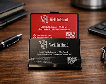 Personalized aluminum business cards – laser engraved | 0.2 mm metal business card set 10–100 pieces + free card holder (from 25 pieces)