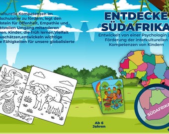 May include: Educational cards and coloring pages with the text "ENTDECKE SÜDAFRIKA" and "Ab 6 Jahren". The image features a map of Africa, a magnifying glass, and illustrations of animals and people.