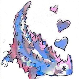 May include: A watercolor illustration of a spiky ankylosaurus dinosaur rendered in shades of blue, purple, and pink. The dinosaur is depicted in profile with a long tail and three floating heart shapes in pink and blue above its back.