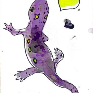 May include: A watercolor illustration of a purple lizard with dark purple spots and bright yellow circular markings along its back. The lizard is depicted in a top-down view with a yellow heart shape and a small dark purple shape floating nearby.