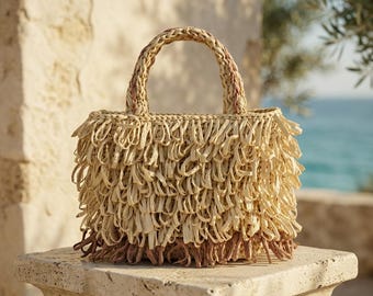 Natural Raffia Bag, Cream and Brown Handmade Summer Bag with Tassel, Boho Everyday Bag, Gift for Her