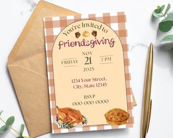 May include: A Friendsgiving invitation card with a tan and white checkered border. The card features text that reads "You're Invited to Friendsgiving" and includes the date, time, and location. A golden pen and envelope are also in the image.