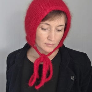 Hand-knitted Alpaca–Wool Bonnet, Fuzzy Striped Hood, Soft Knit Hat with Ties, Retro Pixie