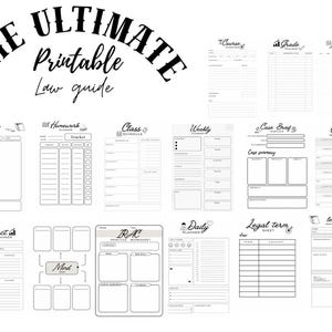 May include: A selection of black and white printable law guides. The title "THE ULTIMATE Printable Law guide" is at the top. The guides include Cornell note-taking, homework trackers, class schedules, weekly planners, case briefs, and more. Useful for law students.