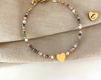 Personalisierbares Boho Edelstein Armband aus Naturstein – Rhodonit & Hämatit, Geschenk für Mama