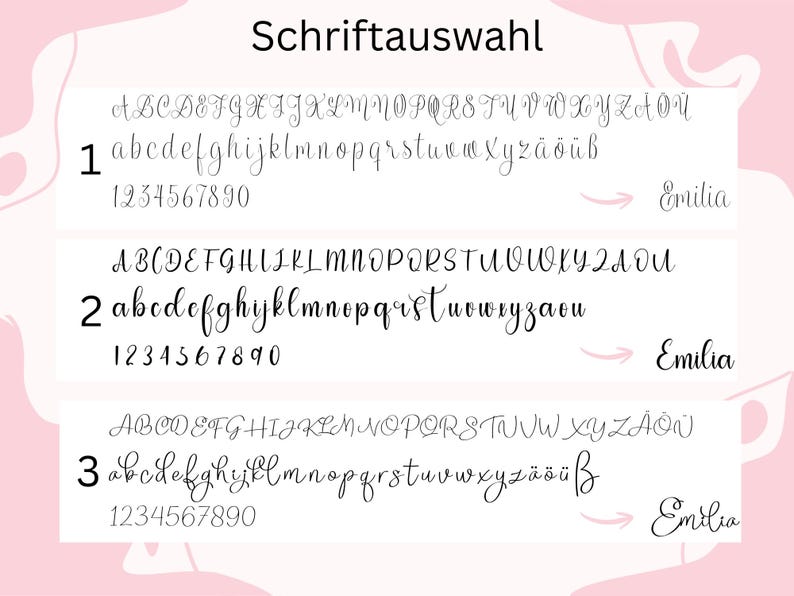 Puede incluir: Imagen que muestra tres estilos de fuentes de caligraf&iacute;a, cada uno con alfabetos may&uacute;sculas y min&uacute;sculas, n&uacute;meros y un nombre de ejemplo "Emilia". El texto "Schriftauswahl" est&aacute; en la parte superior, indicando la selecci&oacute;n de fuente.