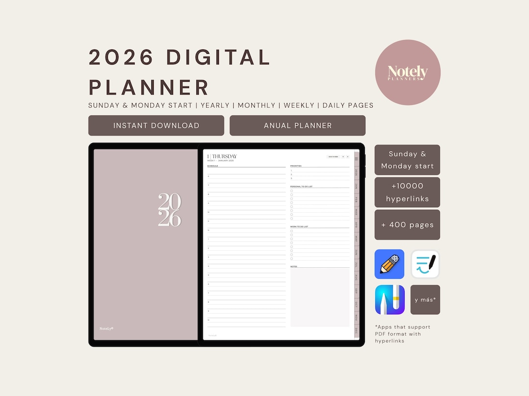 2026 Digital Planner for Goodnotes | Monday & Sunday Start | Minimalist ...