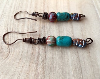 Boho Dangle Earrings, hippie turquoise blue beaded earrings, primitive beaded dangle earrings, Bohemian, Rustic earrings