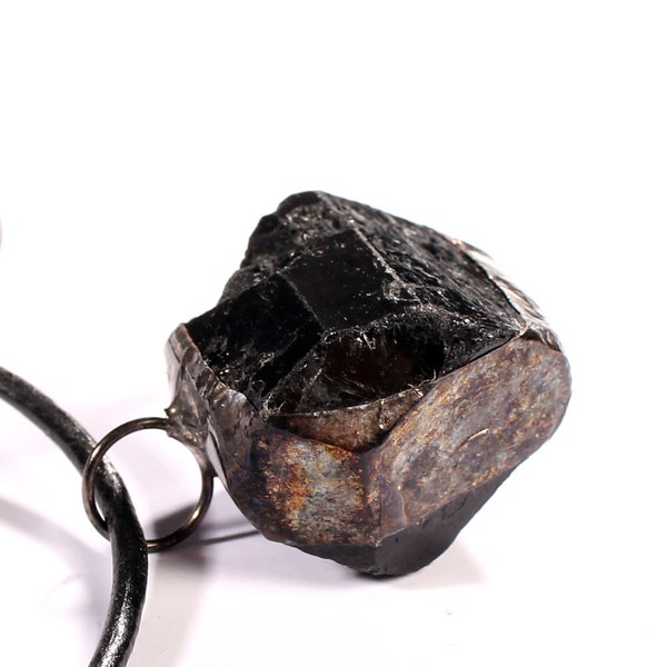 Grounding Stone Necklace - Black Obsidian Gemstone Pendant Gothic Large Chunky Rock Patina Adjustable leather cord Men For Him