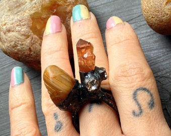 Oversized Agate and Crystal Ring, Alter Ring, Gothic Statement Ring, witchy looking tangerine Quartz Crystal, Agate gemstone chunky Ring