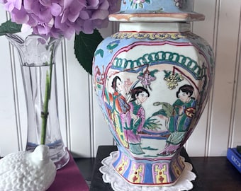 Rose Medallion Temple Jar - 12” Blue Porcelain