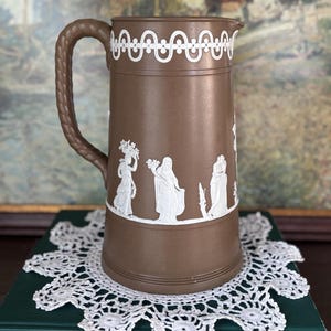 Brown Jasperware Pitcher | Antique English Victorian | Classical Figures | Ridgway Paxton Stoneware Jug | 10”