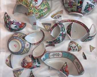 Broken China Mosaic Lot | Vintage Chinese Porcelain Shards | Famille Rose Rose Medallion
