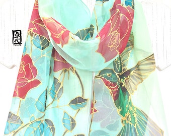 Hand Painted Silk Scarf Green, Hummingbird Scarf, Japanese scarf, Chiffon Scarf, Gold Hummingbird and Red Roses, 11x60 inch, Made to order