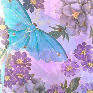 Hand Painted Silk Shawl Chiffon, Luna Moth, Silk Painting Art Scarf, Purple Silk, Green Luna Moth in Midnight Peony Garden, Made to order