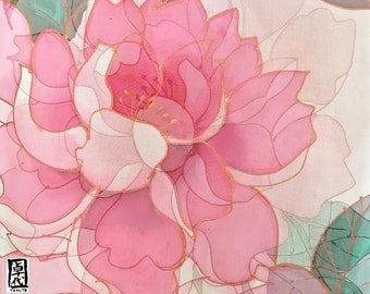 Hand painted Silk Scarf, Pink Chiffon Scarf Silk, Pink and Copper Gold Peonies Scarf, Takuyo, 14x72 inch, Made to order