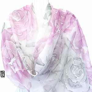 Wedding silk shawl, Hand Painted Silk Shawl, chiffon Silk scarf Pink and Gray, silk painting, kimono shawl Pink and Gray Rose, Made to order image 6