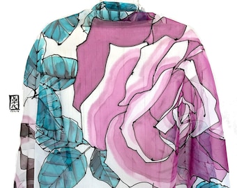 Personalized gift for women, Purple Rose Silk Chiffon Shawl Wrap, Hand Painted Silk Scarf