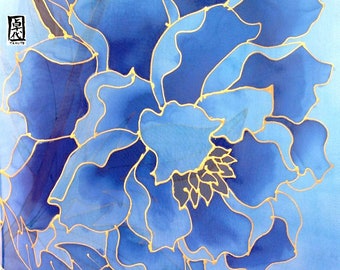 Large Silk Scarf Handpainted, hand dyed Blue Silk Scarf, Japanese Blue Peony Scarf, Chiffon Scarf, Silk Takuyo, 13x69 inches, Made to order