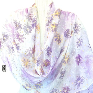Personalized Gift Hand Painted Silk Chiffon Shawl, Purple Wildflowers